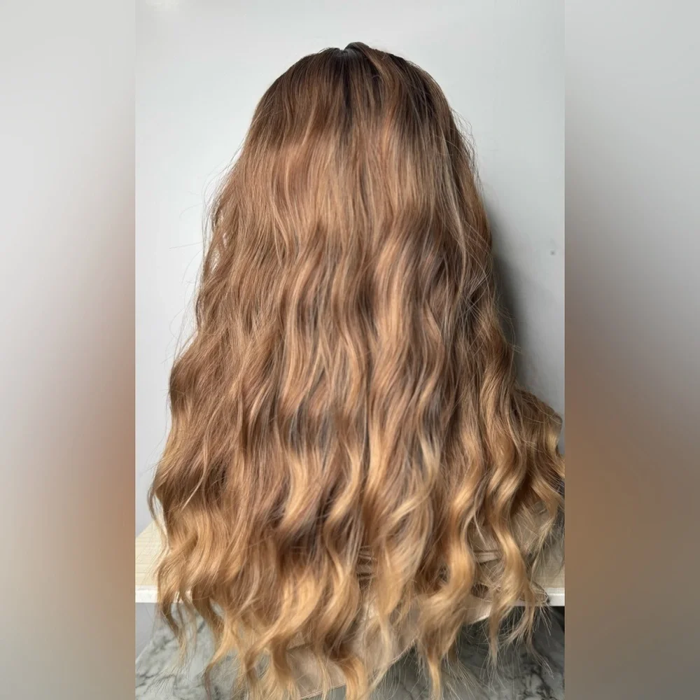 Long Wavy Synthetic Wig w/ Curtain Bangs – Mocha Brown Balayage – Natural Waves